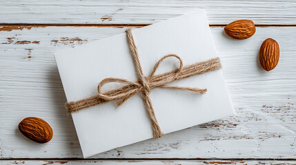 White card tied with twine surrounded by almonds on distressed wood invitation envelope