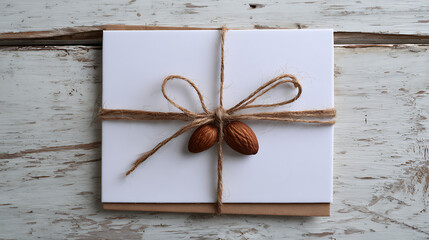 White card with twine and almonds on distressed wood invitation brown