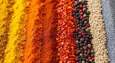 Colorful rows of ground spices and peppercorns herbs