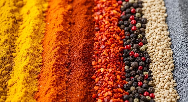 Colorful rows of ground spices and peppercorns herbs