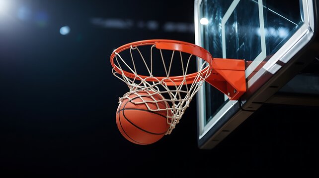 Basketball scoring through hoop on indoor court during competitive play
- Powered by Adobe