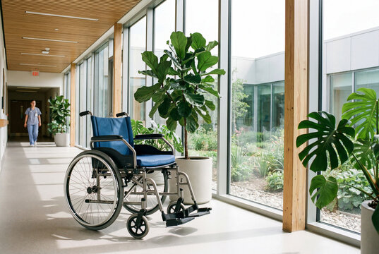 Wheelchair in modern hospital hallway with natural light
