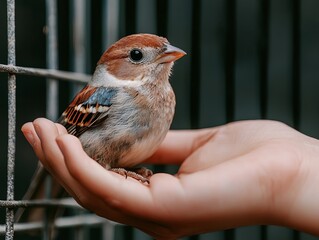 A delicate sparrow perched in a gentle hand, symbolizing trust and harmony in nature.