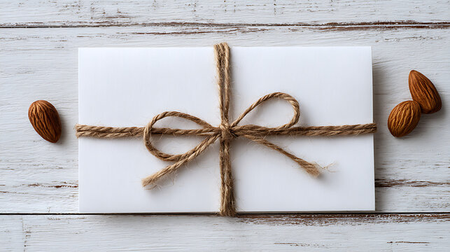White envelope tied with twine and almonds on wooden background nuts - Powered by Adobe