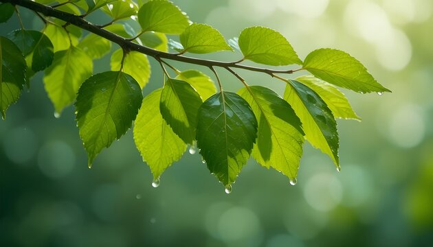 the fresh green leaves hanging from the branch of the translucent water droplets falling from leaves 