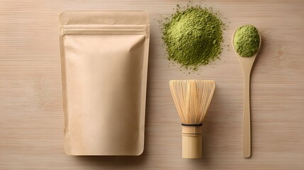 Matcha Green Tea Preparation Set Still Life Brown Paper Packaging Wooden Whisk and Spoon with Powdered Tea Arrangement on Wood Grain Surface