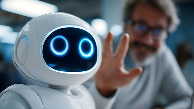 White robot with glowing blue eyes interacting with a man artificial intelligence technology