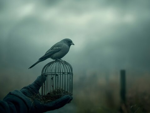 A gray bird perched on a delicate metal cage, surrounded by a moody mist, evoking a sense of tranquility and solitude.