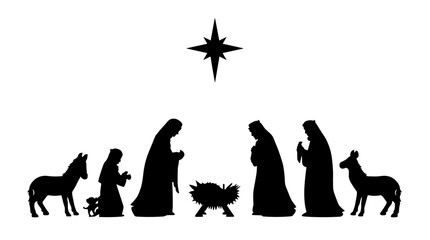 Black silhouette nativity scene with Christmas star and praying figures of holy family