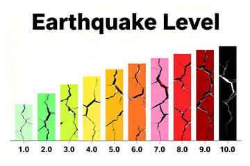 Earthquake level and magnitude graph on Richter scale 1 to 10