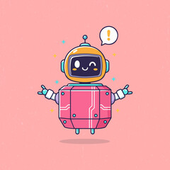Cute robot with pink color raising its hand, with a exclamation mark playful flat vector style. Perfect for tech themes, kids illustrations, education visuals, and digital artwork.