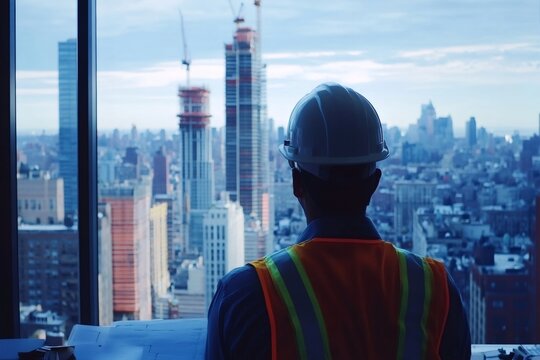 Engineer or architect in safety gear viewing city skyline and new building projects, representing urban growth and future vision