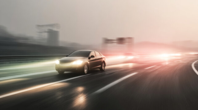 Car travelling quickly through a misty urban highway, demonstrating advanced risk analysis or autonomous driving technology