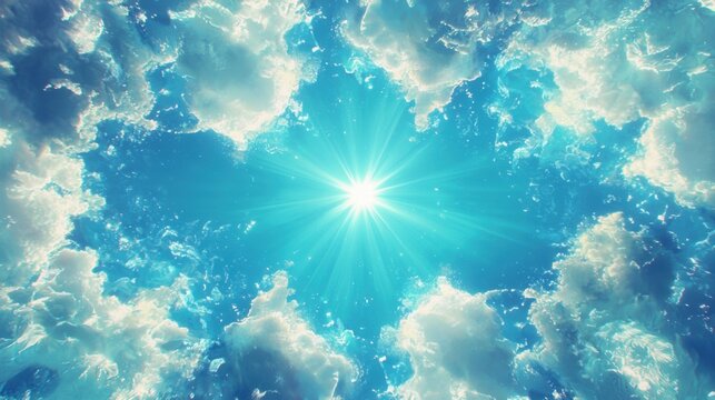 A bright sun shines through a vast expanse of fluffy white clouds.