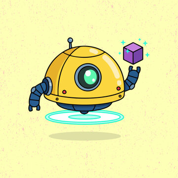 Cute robot with yellow color raising its hand, holding an item in a playful flat vector style. Perfect for tech themes, kids illustrations, education visuals, and digital artwork.