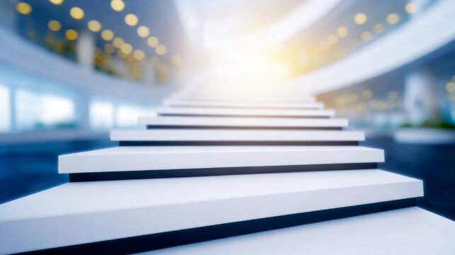Modern architectural staircase rising to a bright horizon, representing upward movement, career progression, innovation, and achievement