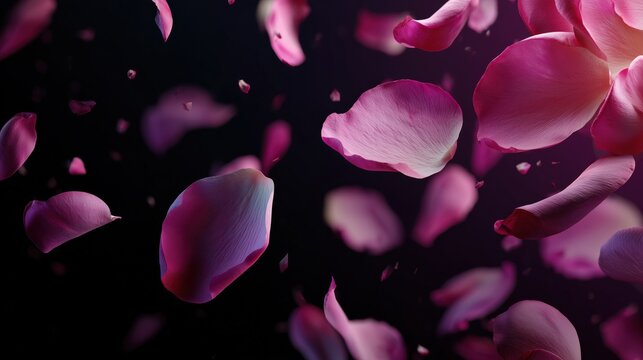 pink petals of rose flowers are elegantly falling down. against deep black with dark pink and purple gradients