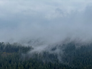 Misty Autumn Rain Clouds over Ukrainian Carpathian Mountains.