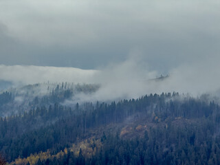 Misty Autumn Rain Clouds over Ukrainian Carpathian Mountains.