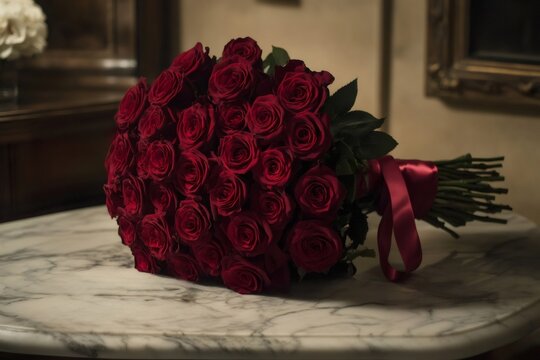 Large red rose bouquet tied with a satin ribbon resting on a classic marble table, representing heartfelt sentiments