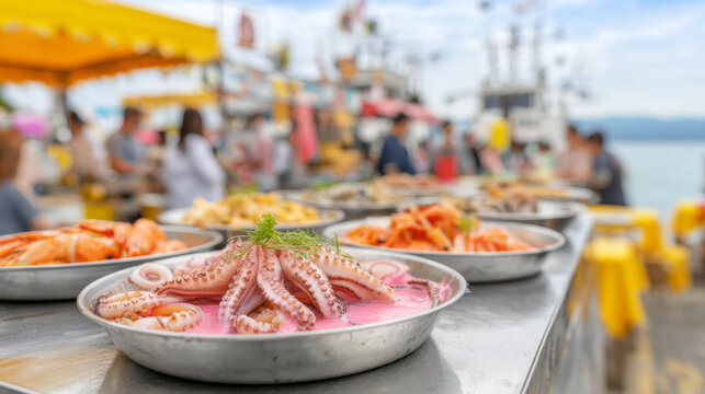 Prepared octopus and various seafood bowls showcasing culinary delights at a bustling outdoor market by the water