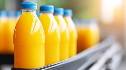 Processed orange juice bottles on an industrial packaging line with blue caps, showcasing factory automation and beverage production