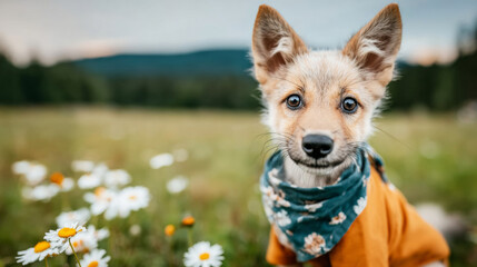 Obraz premium Cute fox pup in a daisy filled meadow wearing a bandana and shirt, playful and innocent, smiling in sunny spring grass