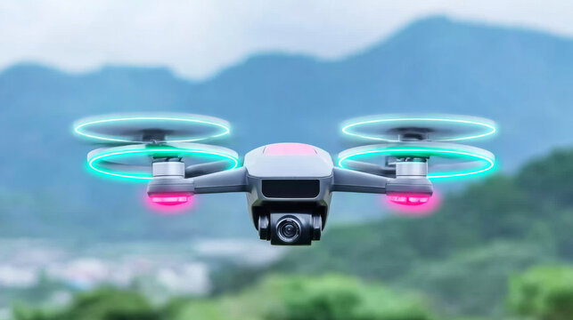 Flying drone with a sleek design and illuminated propellers, featuring a camera for aerial recording and modern surveillance