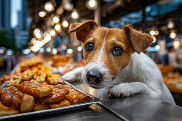 Cute dog eyeing pastries at market stall