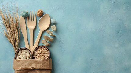 Wooden cutlery with beans and wheat stalks arranged on a textured blue surface fork spoon
