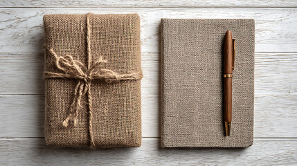 Wrapped gift and notebook with wooden pen present burlap