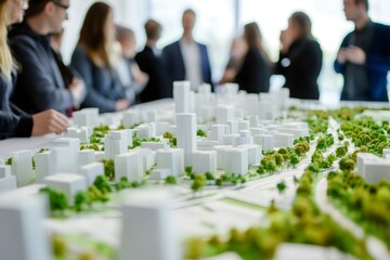 Architectural model showcasing sustainable urban development with buildings and green spaces, people viewing in blurred background