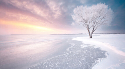 Solitary tree covered in hoarfrost standing on a snowy and icy shore, with a beautiful pastel sunrise sky overhead, evoking tranquility