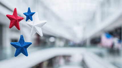 Hanging red, white and blue glitter stars in a mall interior, festive patriotic decoration for U.S. Holidays and retail celebrations