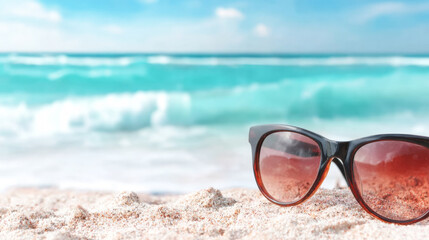 Sunglasses resting on white sand, creating a serene beach scene with a blurred turquoise ocean and sky in the background