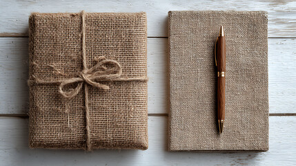 Wrapped gift and notebook with wooden pen present burlap