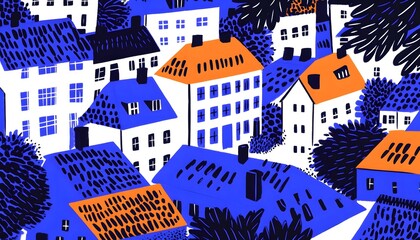 Colorful cityscape with vibrant rooftops and green foliage.