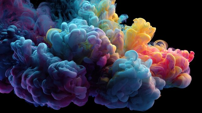 Colorful swirling cloud of smoke in various shades creating an abstract visual effect against a black background