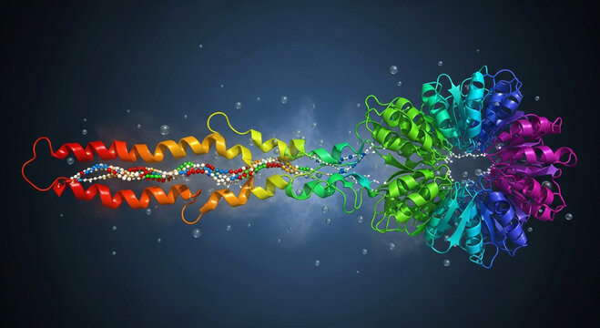 Stunning molecular structure in vibrant rainbow colors showcasing scientific research and innovation for biotechnology and pharmaceutical industries - Powered by Adobe