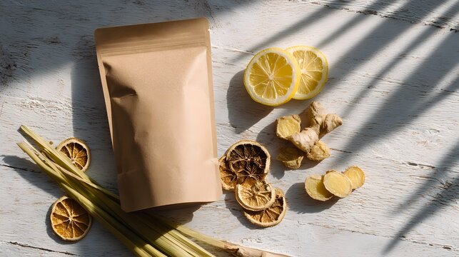 Natural ingredients for healthy beverage presented in an eco friendly packaging solution ideal for tea and infusions embodying wellness and holistic lifestyle with sliced lemons ginger - Powered by Adobe