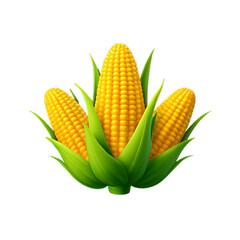 3d icon of three fresh ears of corn with green leaves, isolated on transparent background