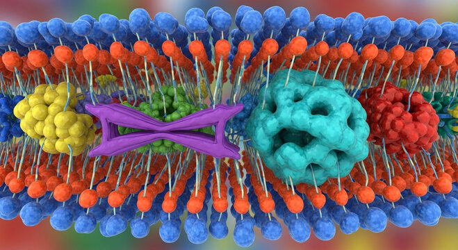 Explore the Microscopic World of Cell Membrane Structure with Vibrant Detail for Science Education and Biotechnology Presentations