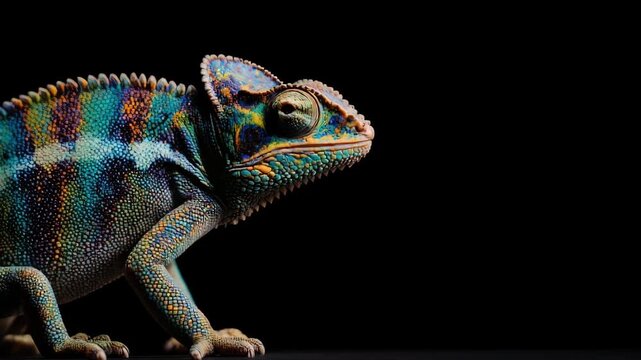 Vibrant Chameleon Portrait: Colorful Reptile Against Black Background