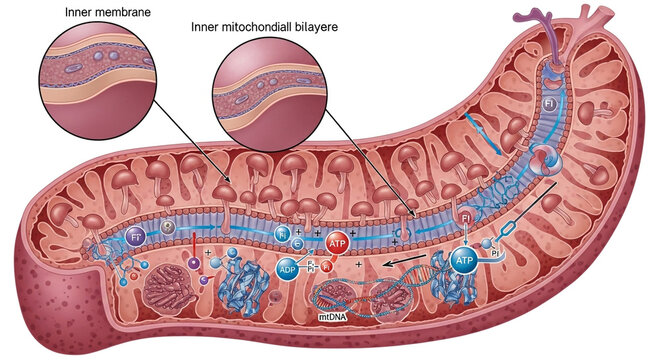 Detailed mitochondria anatomy with inner membrane and ATP production, essential for biology education and scientific visualization of cellular energy
