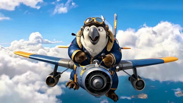 A humorous animated character resembling a bird dressed as a pilot flying a jet through the sky with clouds in the background