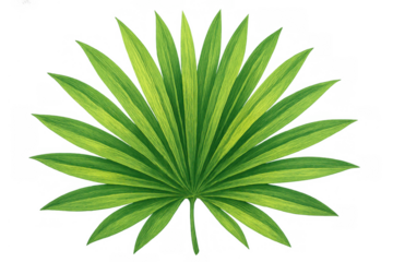 Green tropical fan palm leaf illustration for vacation and summer themes, transparent background