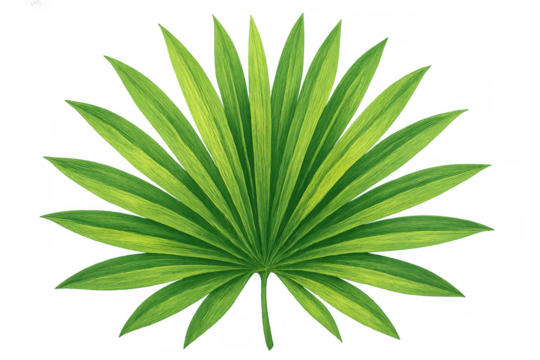Green tropical fan palm leaf illustration for vacation and summer themes, transparent background