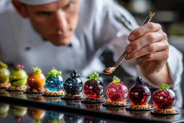 Chef decorating colorful desserts in a high-end kitchen with gourmet presentation