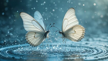 two white butterflyies fly from water surface water droplets are fallling from them 