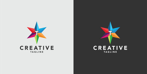 Digital colorful abstract icons, elements and symbols with initial T logo, template